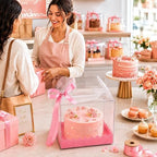 15 Pack Clear Cake Boxes 6 x 6 x 8.3 Inch, Transparent Bakery Gift Boxes with Pink Base and Ribbon, Thick PET Cake Carrier Boxes with Handle for Cupcakes Cookies Mini Cakes Wedding Birthday Party (15) - Image 6