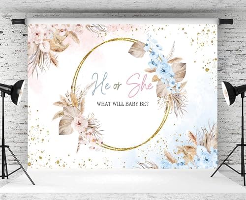 20x10ft Boho Gender Reveal Backdrop Boy or Girl Boho Flowers Gold Spots Photography Background He or She Reveal Party Cake Table Banner Decorations Supplies Photo Studio Props - Image 3