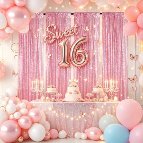 ShinyBeauty Sequin Backdrop Curtains 4 Panels Fuchsia Pink Party Birthday - Image 3