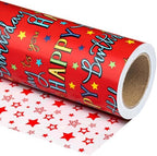 WRAPAHOLIC Jumbo Reversible Birthday Wrapping Paper - 30 Inch x 100 Feet Jumbo Roll - Red Happy Bday to you Lettering and Stars Design for Birthday, Baby Shower by WRAPAHOLIC