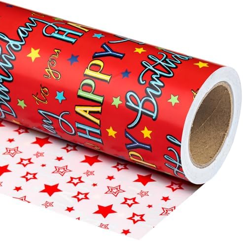 WRAPAHOLIC Jumbo Reversible Birthday Wrapping Paper - 30 Inch x 100 Feet Jumbo Roll - Red Happy Bday to you Lettering and Stars Design for Birthday, Baby Shower by WRAPAHOLIC