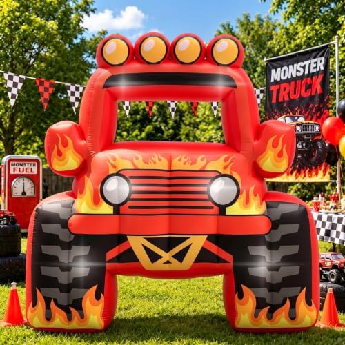 Junkin 6 x 5 FT Monster Truck Inflatable Photo Booth Frame with LED Lights, Giant Racing Truck Photo Prop, Birthday Party Decorations, Baby Shower Decor, Racing Theme Party Supplies(Flame,Red) by Junkin