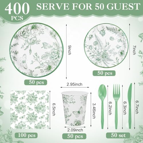 Funnymoom 400 Pcs Sage Green Floral Party Supplies for 50 Guests - Image 2