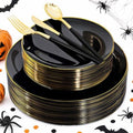 Supernal Black and Gold Plastic Plates,Heavy Duty Disposable Dinnerware Set by supernal
