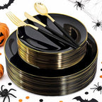Supernal Black and Gold Plastic Plates,Heavy Duty Disposable Dinnerware Set by supernal
