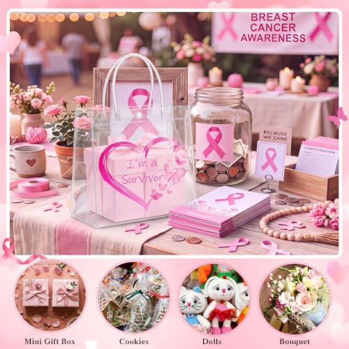 Canchiing 30 Pcs Breast Cancer Awareness Clear Gift Bags with Handles Reusable Pink Ribbon Treat Bags PVC Gift Wrap Totes for Breast Cancer Survivor Party Favor Items Accessories, 7.9 x 7.9 x 3.1 - Image 4