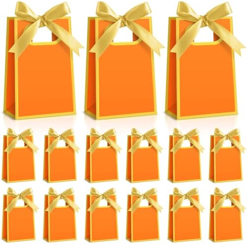 AmazingSpark 50 Pcs Orange Gold Mini Gift Bags Bulk 6.3 x 3.9 x 2.8 Inch Party Favors Elegant Small Gift Bags with Handles and Ribbon Bows for Wedding Birthday Bridal Baby Shower Party Favors by Unknown