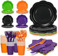 192Pcs Purple Balck Orange Plates and Napkins Party Supplies, Disposable 9’’ Scalloped Halloween Paper Plates Cups Napkins Forks Party Decorations for Birthday, Thanksgiving, Serves 483 by CENLBJ