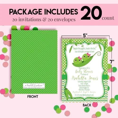 Amanda Creation Custom Invites Pea Pod Twin Girl Baby Shower Invitation 20 5x7 Custom Personalized Twin Girl Baby Shower Invites With Envelopes - Image 4