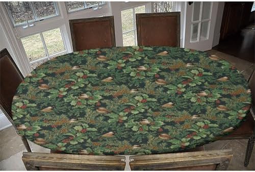 A Winter's Day Fabric Collection - Winter Chickadees Dark Teal Print Oval Table Cloth Wipeable Spillproof Elastic for Dining Table Buffet Parties and Camping Fits for 48" x 68" Oval Table - Image 6