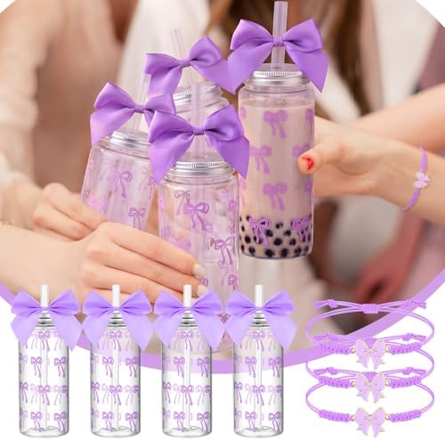 Yungyan Purple 36 Pcs Bow Plastic Cups with Lids and Straws Coquette Bow Bracelets Clear Reusable Soda Bar Party Drinking Cups for Dance Ballet Wedding Baby Shower Birthday Party Supplies - Image 5