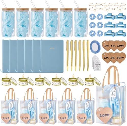68Pcs Baby Shower Prizes for Game Winners Gifts Wedding Bridal Shower Gifts Including Glass Cans Notebooks Soy Candles Hair Clips for Baby Shower Wedding Bridal Shower Game Prizes (Blue, 6 Sets) by Rigibright