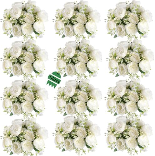 Peonies Artificial Flowers Bouquet, Lifelike Silk Fake Peonies with Stems for Home Table Centerpieces, Wedding, Party & DIY Bridal Floral Arrangements (12, White) by Unknown