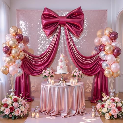 Giant Burgundy Bow for Backdrop 80x24 Inches Large Satin Ribbon Bow Wall Decor for Wedding Birthday Baby Shower Party Photo Booth, Washable Reusable Big Bow for Nursery Bedroom Door Hanging Decoration - Image 2