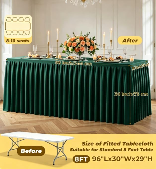 Green Polyester Table Cloths for Rectangle 8 Foot Tables, 2 Pack Wrinkle Free Tablecloths Stretchy Banquet Ruffle Fitted Table Cover Desk Skirt for Parties Wedding Birthday Baby Shower - Image 5