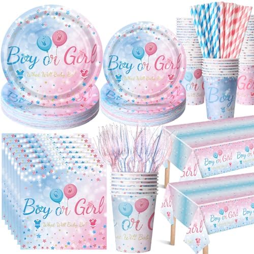 Funnymoom 452 Pcs Gender Reveal Party Supplies for 50 Guests, Pink and Blue Gender Reveal Paper Plates Napkins Cups Tablecloth Cutlery Straws Disposable Tableware for Baby Shower Party Decoration by Funnymoom