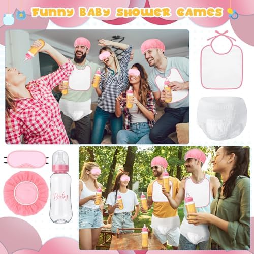 6 Sets Bottle Chug Baby Shower Blind Games Juegos Para Include Plastic Bottles Bibs Hat Eye Mask Disposable Diapers Blindfolded Baby Shower Bottle Games Gender Reveal Decoration (Pink) - Image 6