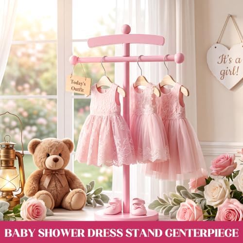 Marsui 1 Set Wooden Baby Clothes Display Stand with 3 Hangers Plaque, Pink - Image 3