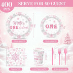 Pickmesh 400 Pcs Pink Winter Onederland Birthday Plates Cups and Napkins - Image 2