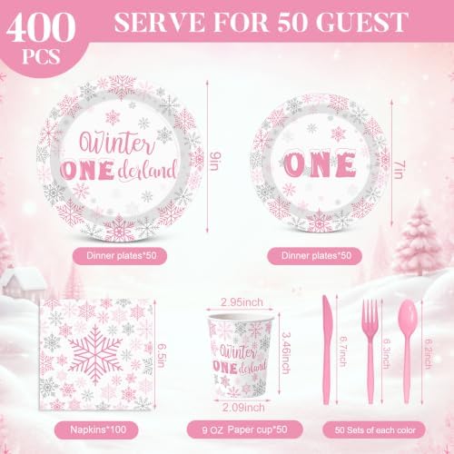 Pickmesh 400 Pcs Pink Winter Onederland Birthday Plates Cups and Napkins - Image 2