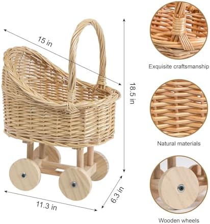 Vintage Woven Rattan Baby Carriage Basket – Handcrafted Wicker Stroller for Baby Shower, Flower Girl Basket, Baby Things, Rustic Home Decor, Photography Props, Floral Arrangements(Middle) - Image 2