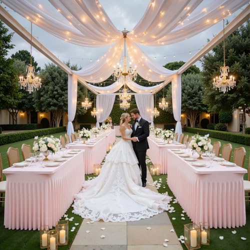 Baby Pink Table Cloth for 8 Foot Rectangle Tables Fitted Stretch Spandex Table Cover with Skirt 8ft Baby Shower Birthday Party Banquet Ruffle Tablecloth Wedding Table Cloths Desk Skirt, 6 Pack - Image 6