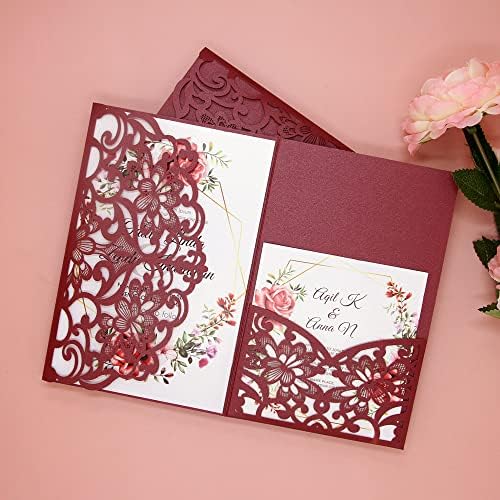 FOMTOR Laser Cut Wedding Invitation Cards Set w/Envelopes & Inserts & Seals – for Wedding, Bridal Shower, Graduation, Birthday Party, Engagement, Anniversary Red 50Pcs - Image 2