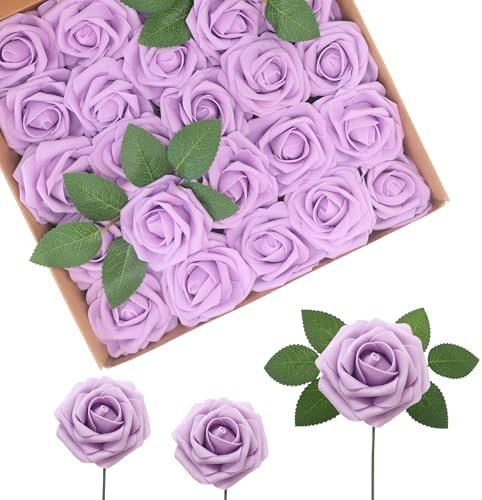 Artificial Flowers Realistic Roses, 100pcs Real Looking Fake Roses with Stem for DIY Wedding Bouquets Centerpieces Bridal Shower Party Home Romantic Decorations (Light Purple) by BringmoreJoyinyourlife