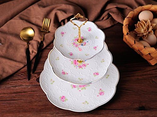 Jusalpha Embossed 3-tier Ceramic Cake Stand- Cupcake Stand with Golden Rim - Image 2