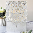 Hosmsua 5.1 x 7.3 Inch 50PCS Silver Glitter Wedding Invitation Cards with Rhinestone Laser Cut Hollow Flora Quinceanera Invitation with Envelopes for Bridal Shower Wedding Invite (Silver Glitter) - Image 2