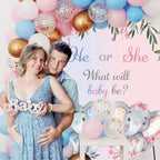 AOFOTO 7.2x7.2ft Gender Reveal Round Backdrop Cover Cartoon Baby Elephant Rustic Flower Leaf Printed Photography Background What Will Baby Be He or She Pink Blue Pregnant Mom Surprise Party Decor - Image 3
