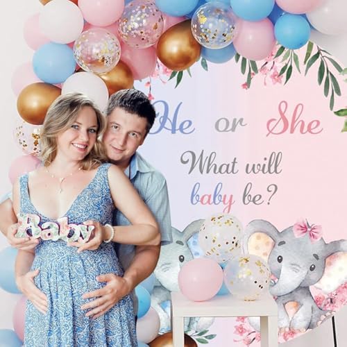 AOFOTO 7.2x7.2ft Gender Reveal Round Backdrop Cover Cartoon Baby Elephant Rustic Flower Leaf Printed Photography Background What Will Baby Be He or She Pink Blue Pregnant Mom Surprise Party Decor - Image 3