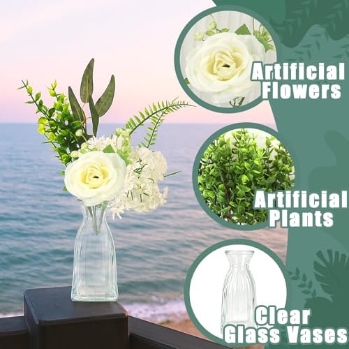 WARMALL Artificial Flowers with Vases, 16 Pcs Bud Vases, & 81 Pcs Artificial Plants DIY Set Suitable for Centerpieces Table Weddings Party Office and Indoor Decor Mini Small Glass Clear(White) - Image 4