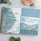 Hosmsua 50PCS Personalized Dusty Blue Laser Cut Flora Invitation Pocket, 5.12 x 7.2 Laser Cut Wedding Invitation with Envelopes for Wedding Bridal Shower Anniversary Invite - Image 3