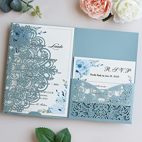 Hosmsua 50PCS Personalized Dusty Blue Laser Cut Flora Invitation Pocket, 5.12 x 7.2 Laser Cut Wedding Invitation with Envelopes for Wedding Bridal Shower Anniversary Invite - Image 3