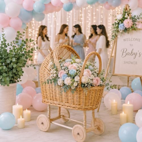23.6 Inch Woven rattan baby stroller baskets, vintage rattan flower cart, wedding and gift decorations, pushcart-style decorative flower stands - Image 2