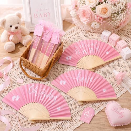 Threehoney 50 Sets Baby Shower Favors 5 Styles Bamboo Paper Hand Fans,Pink - Image 5