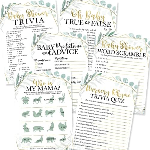 Hadley Designs 50 Greenery Baby Prediction And Advice Cards, Trivia Games, etc., 25 Baby Animal Matching, Nursery Rhyme Game-6 Double Sided Cards Baby Shower Funny Games, Ideas Baby Sprinkle Games by HadleyDesigns