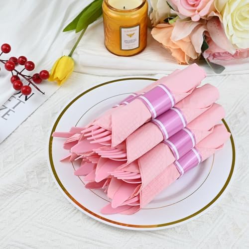 100 Pack Pre Rolled Pink Plastic Cutlery Set with Paper Napkins - Image 2