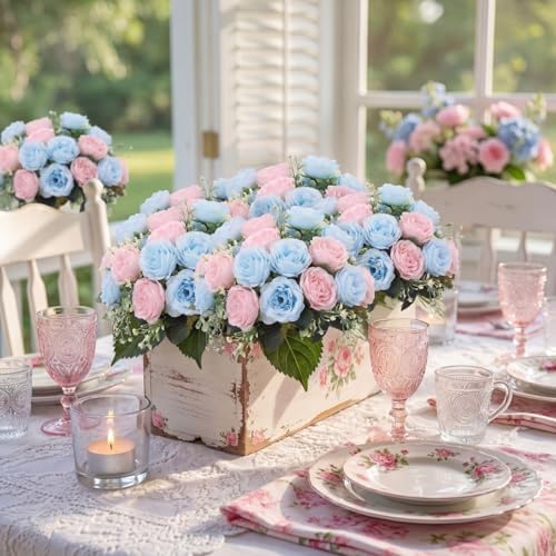 Geosar 24 Bundles Artificial Peonies Flowers,Light Pink,Light Blue - Image 3