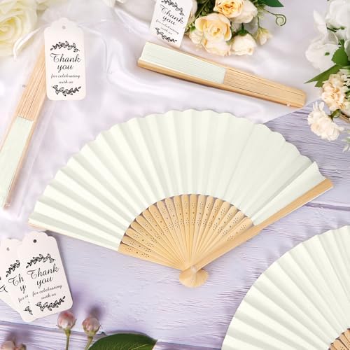 50Set Wedding Hand Fans Party Favors Cream Paper Folding Handheld Fans Bulk, DIY Bamboo Fans with Thank Tag Organza Bag for Summer Guests Bridal Dancing Props Church Decoation - Image 4