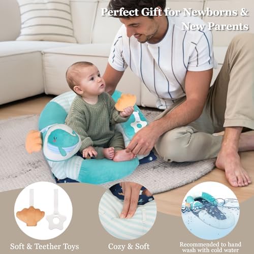 4 in 1 Tummy Time Mat with Educational Cards, Play Mat & Sitting Support for Newborn 0-12 Months, Infant Baby Sit Me Up Floor Seat, Sensory Skills Gifts, Green Whale - Image 6