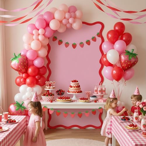 Leinuosen 6 ft Scalloped Pink Red Cardboard Cutout Backdrop Strawberry Baby Shower Cherry Birthday Party Decorations Lifesize Coquette Pink Wavy Backdrop Standup for Wedding Bridal Shower - Image 3