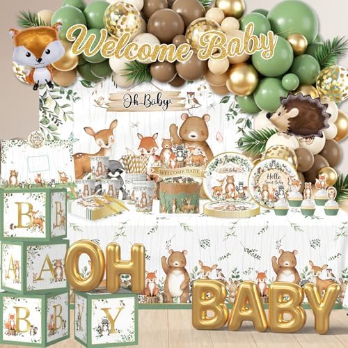 Woodland Baby Shower Decorations,260pcs Woodland Animals Baby Shower Decorations With Plates and Napkins Cups Tablecloth Backdrop Balloon Arch Cake Toppers for Woodland Creatures Baby Shower Supplies - Image 3