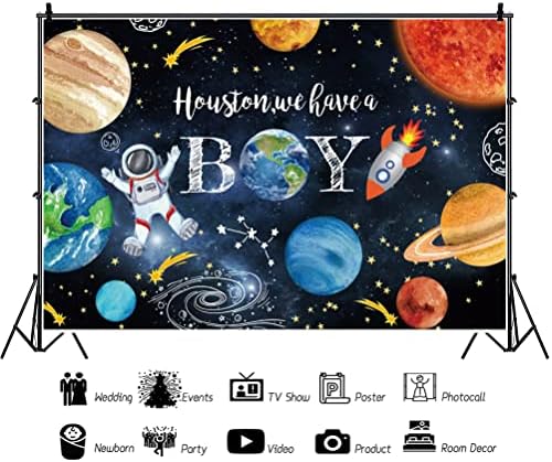 10x6.5ft Houston We Have a Boy Decorations Backdrop Baby Shower Party Outer Space Rocket Astronaut Planets Star Solar System Background Birthday Party Banner Polyester Fabric - Image 2