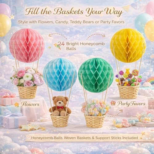 24 Pack Hot Air Balloon Table Centerpieces for Baby Shower, Rainbow Birthday, Bridal Shower, DIY Honeycomb Paper Lanterns with Woven Baskets for Dessert Table Decor - Image 6