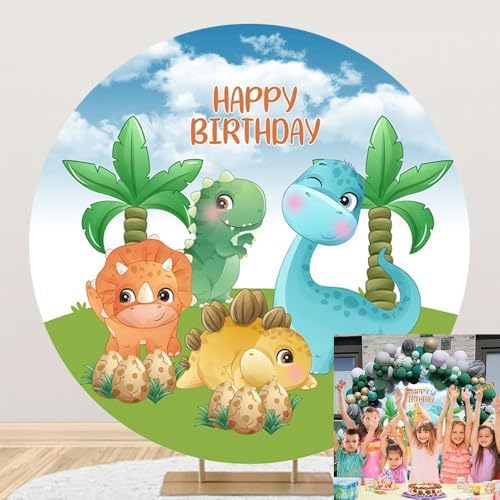 6.5x6.5ft Dinosaur Round Backdrop Cover Cartoon Dinosaur Theme Happy Birthday Photography Background Kids Child Boys Indoor Outdoor Birthday Decoration Party Supplies Photo Booth Studio Props by OERJU
