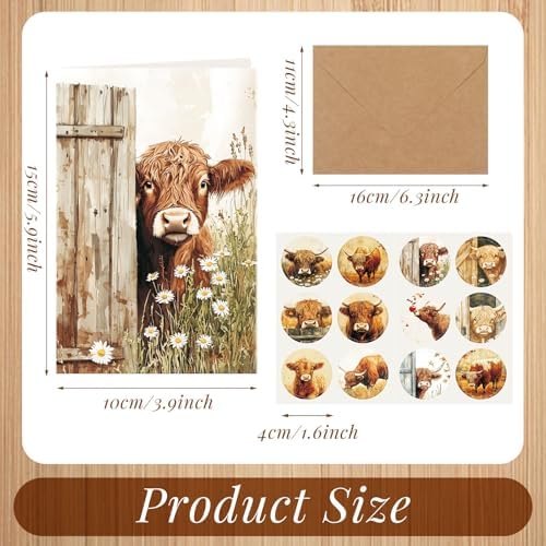 Motiskyy 72 Pack Vinatge Highland Cow Greeting Cards Bulk with 72 Pack Retro Rustic Envelopes 72 Pcs Farmhouse Stickers, 4 x 6 Inch Blank Inside Postcards for Baby Shower DIY Card Paper Gift - Image 2