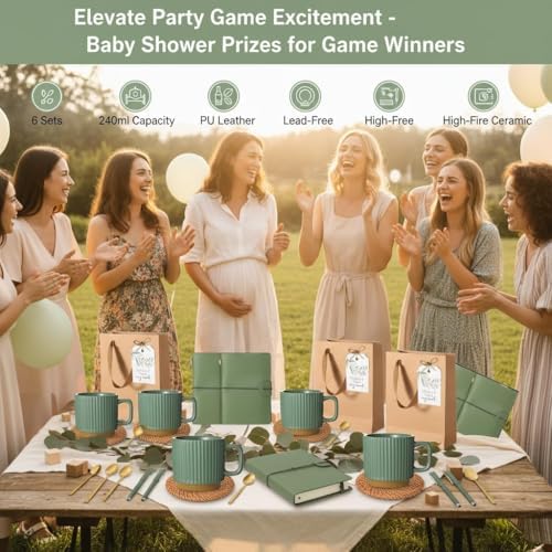QOUBAI 6 Sets Baby Shower Winner Gifts with Mugs and Kraft Bags, Green - Image 2