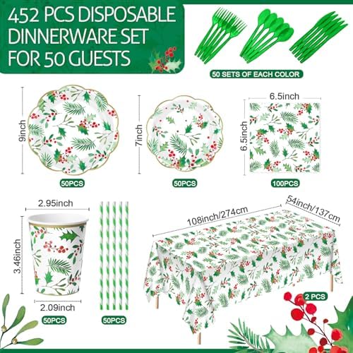 Funnymoom 452 Pcs Christmas Party Supplies for 50 Guest, Holly Berry Leaves Holiday Xmas Paper Plates Napkins Cups Tablecloth Cutlery Straws Disposable Tableware for Merry Christmas Party Decorations - Image 2